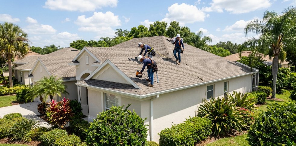 Roofing contractors repairing a shingle roof on a suburban home surrounded by palm trees and landscaping