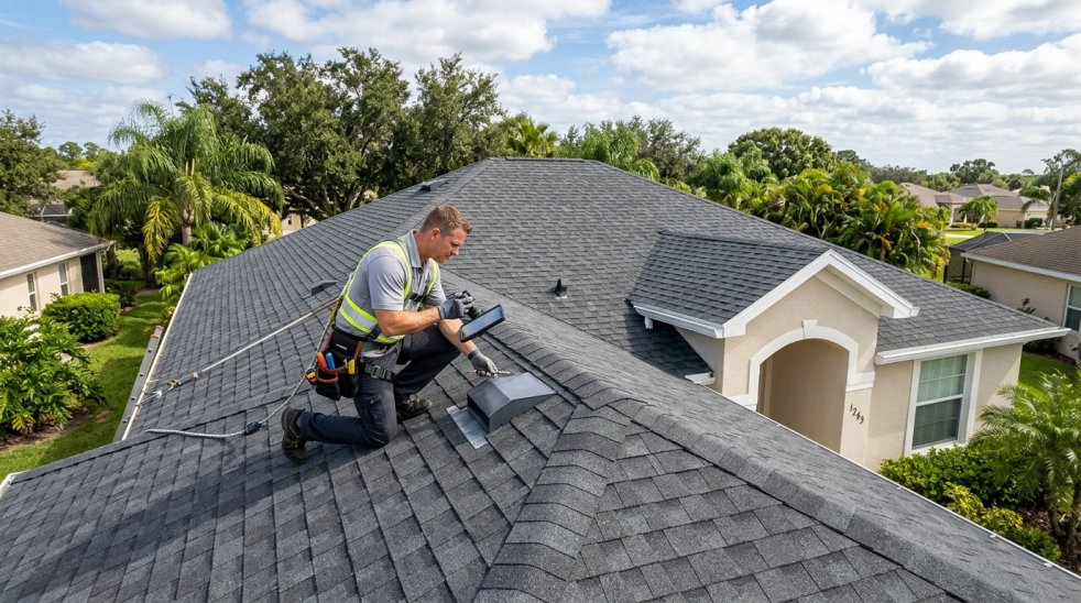 Roof inspector checking shingle roof and vent on suburban home with tablet during residential roof inspection