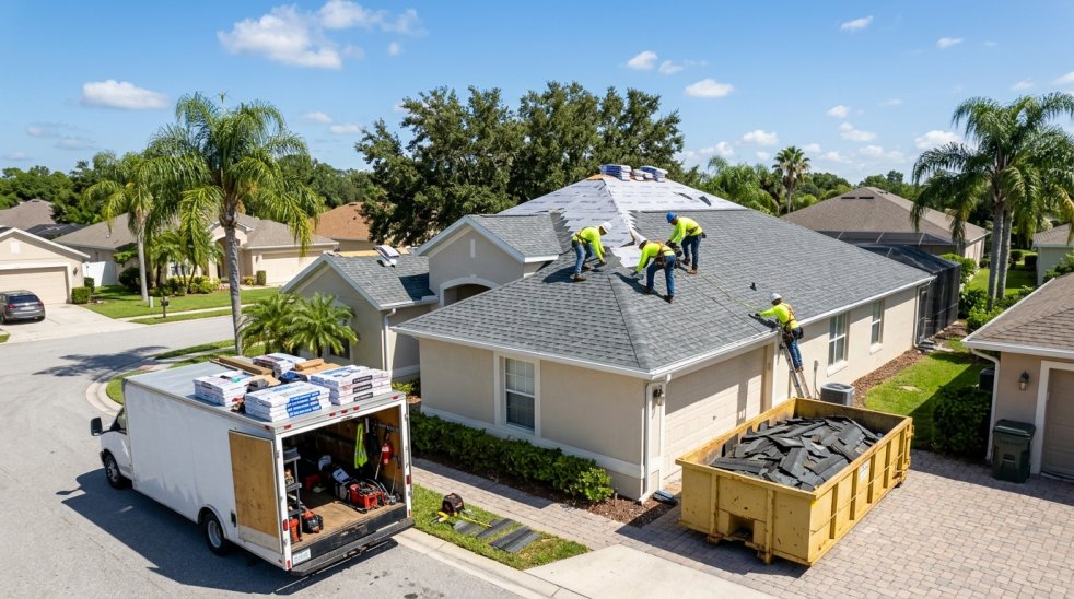 Roofers replacing shingles on a suburban home roof with work trailer and dumpster in the driveway