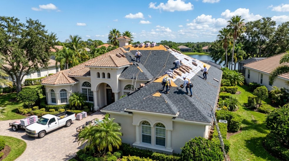 Roofers installing new shingles on a large residential home in a suburban neighborhood