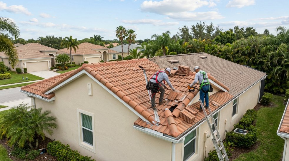 Roofers replacing damaged tiles on a residential roof in a suburban neighborhood