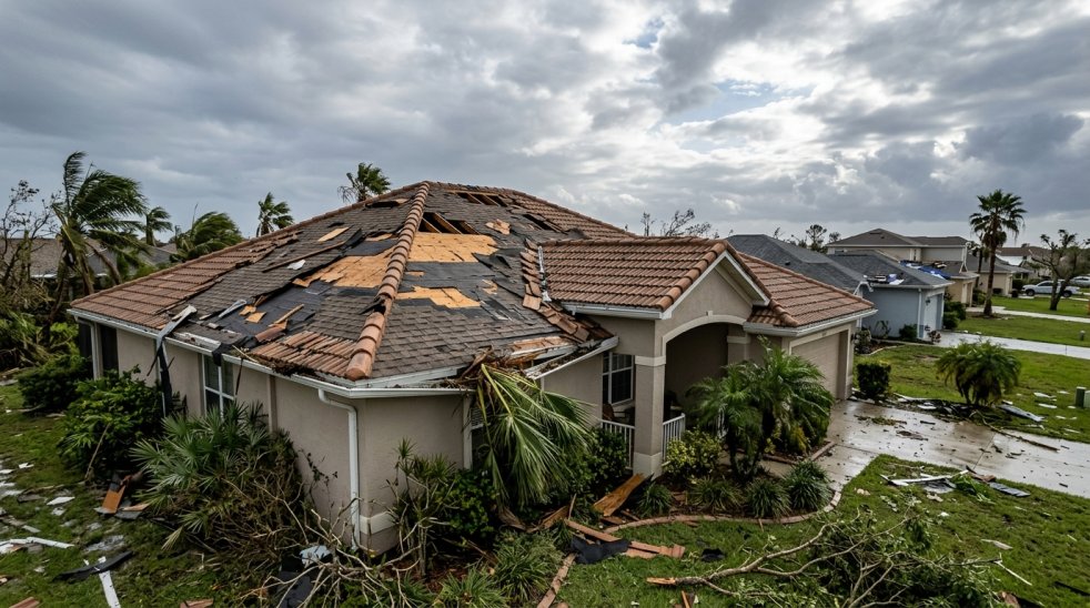 Storm-damaged home with torn roof, debris-strewn yard, and broken palm trees in a residential neighborhood