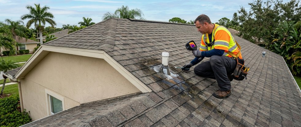 Technician inspecting a shingle roof leak near a vent pipe with a thermal camera on a residential home