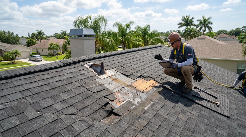 Roofer inspecting and repairing a roof leak around damaged shingles and vent flashing on a residential home roof