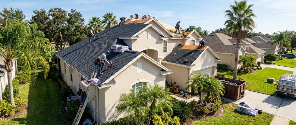 Roofing contractors replacing shingles on a large suburban home with ladders, materials, and dumpsters outside