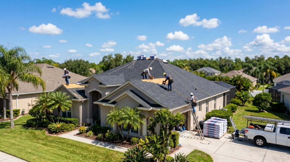Roofing contractors replacing shingles on a large suburban home roof with materials stacked in the driveway