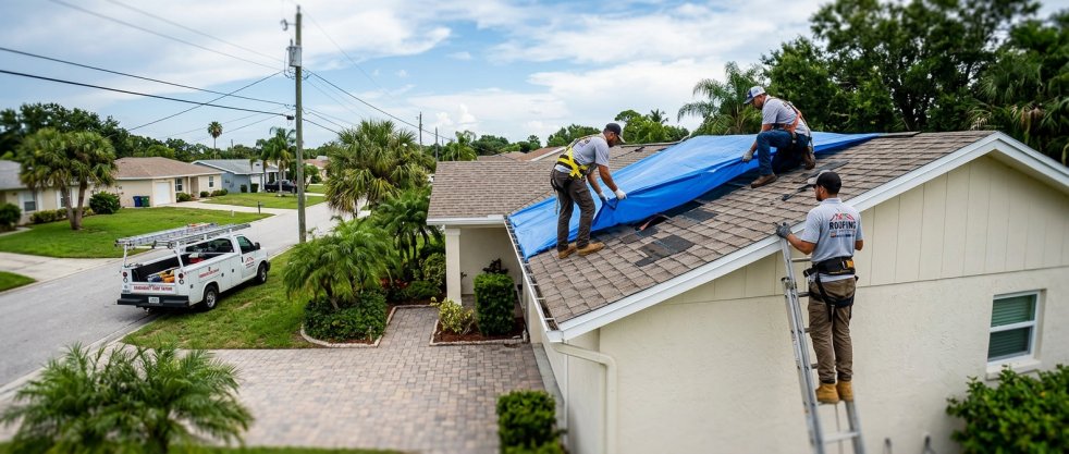 Roofers securing a blue tarp over storm-damaged shingles on a residential roof during emergency repair