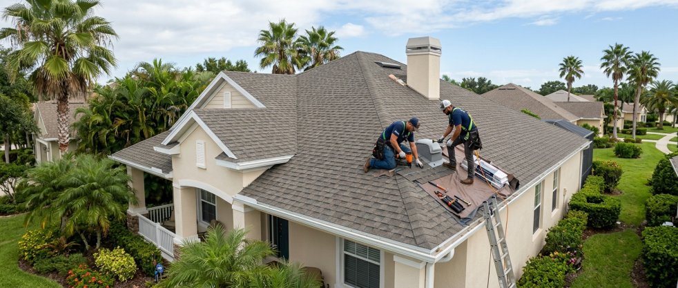 Roofers repairing a shingle roof on a suburban home with a ladder and palm trees