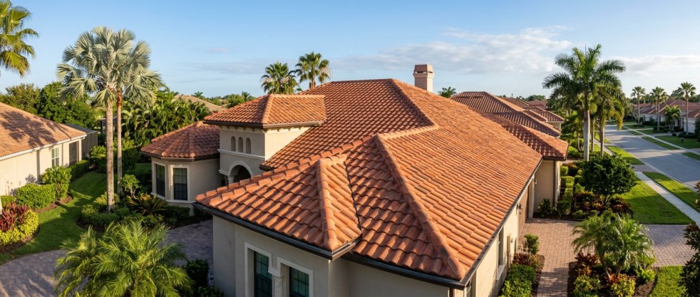Luxury home with terracotta tile roof in a palm-lined residential neighborhood